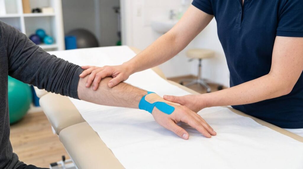 Handgelenk gebrochen: Physiotherapeutin behandelt ein getaptes Handgelenk