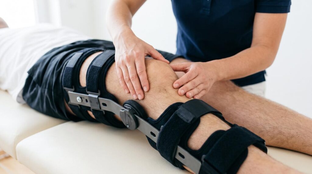 Kniescheibe gebrochen: Physiotherapeutin mobilisiert das Knie in der Orthese