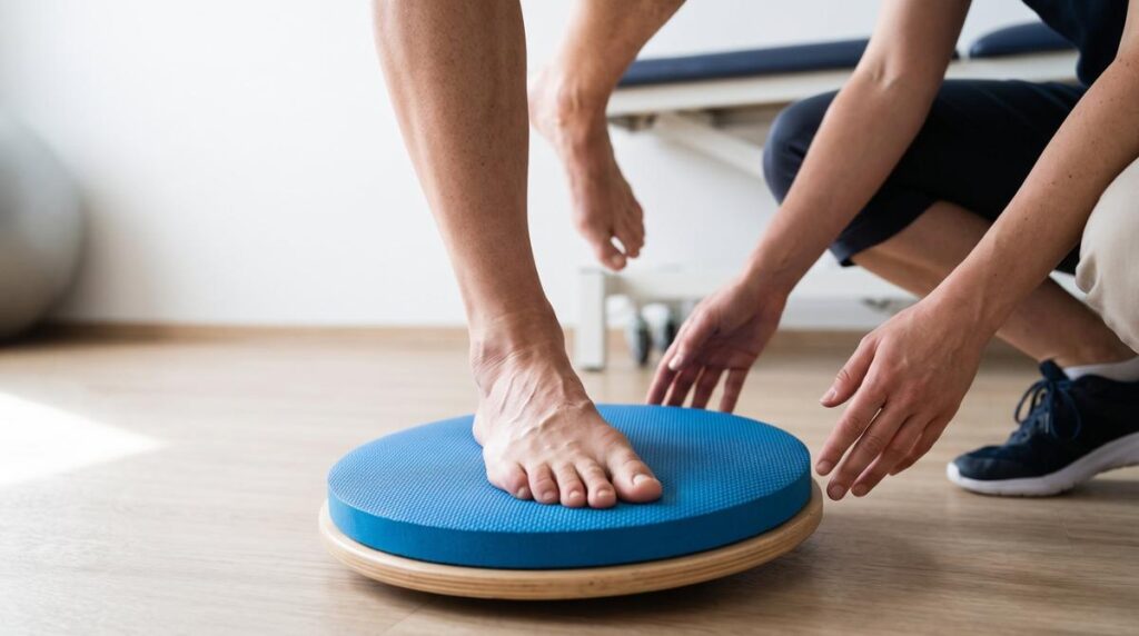 Mittelfussknochen gebrochen: Gleichgewichtstraining barfuss auf dem Balancebrett
