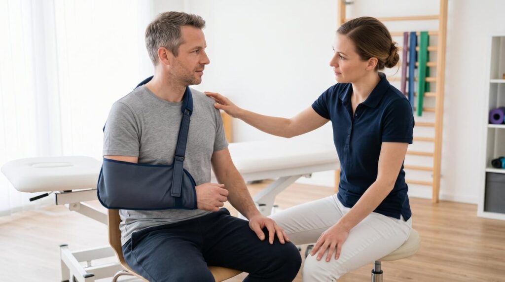 Schlüsselbein gebrochen: Physiotherapeutin berät einen Patienten mit Armschlinge